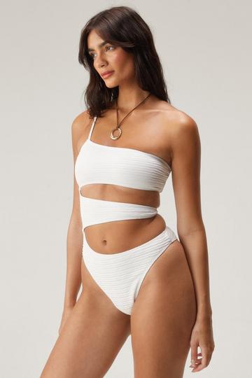 Textured One Shoulder Cut Out Swimsuit cream