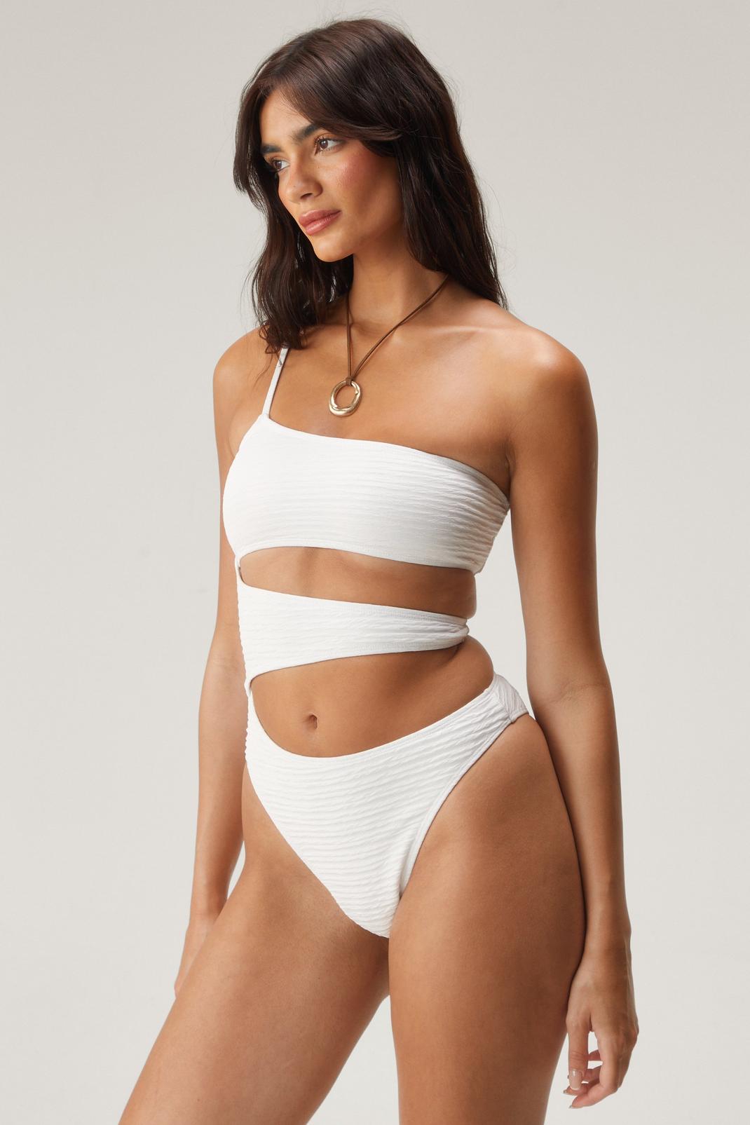 Cream Textured One Shoulder Cut Out Swimsuit image number 1