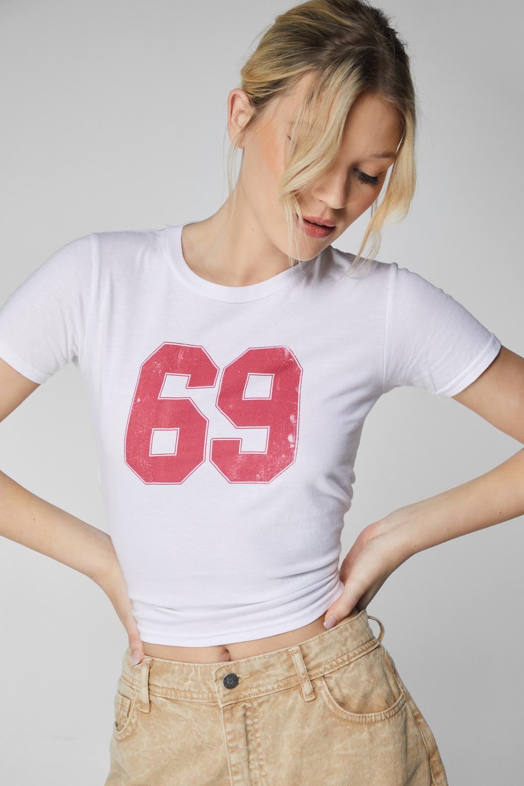 White 69 Front Graphic Baby Tee image number 1