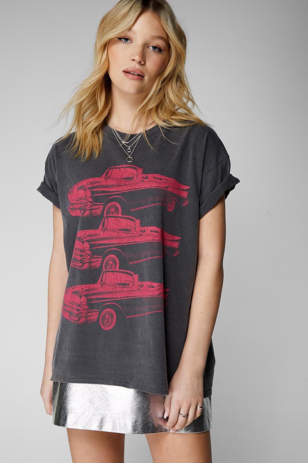 T-shirt délavé imprimé voiture, Charcoal image number 1