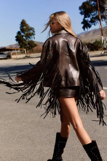 Real Leather Distressed Star Cut Out Fringe Jacket brown