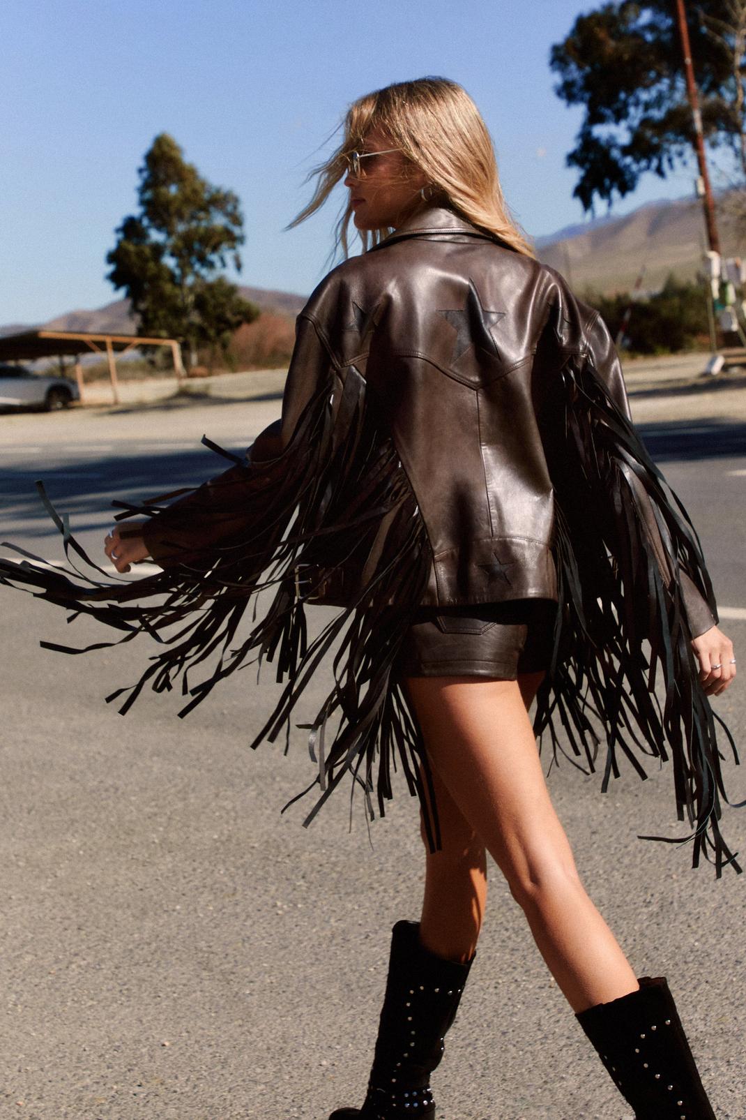 Real Leather Distressed Star Cut Out Fringe Jacket, Brown image number 1