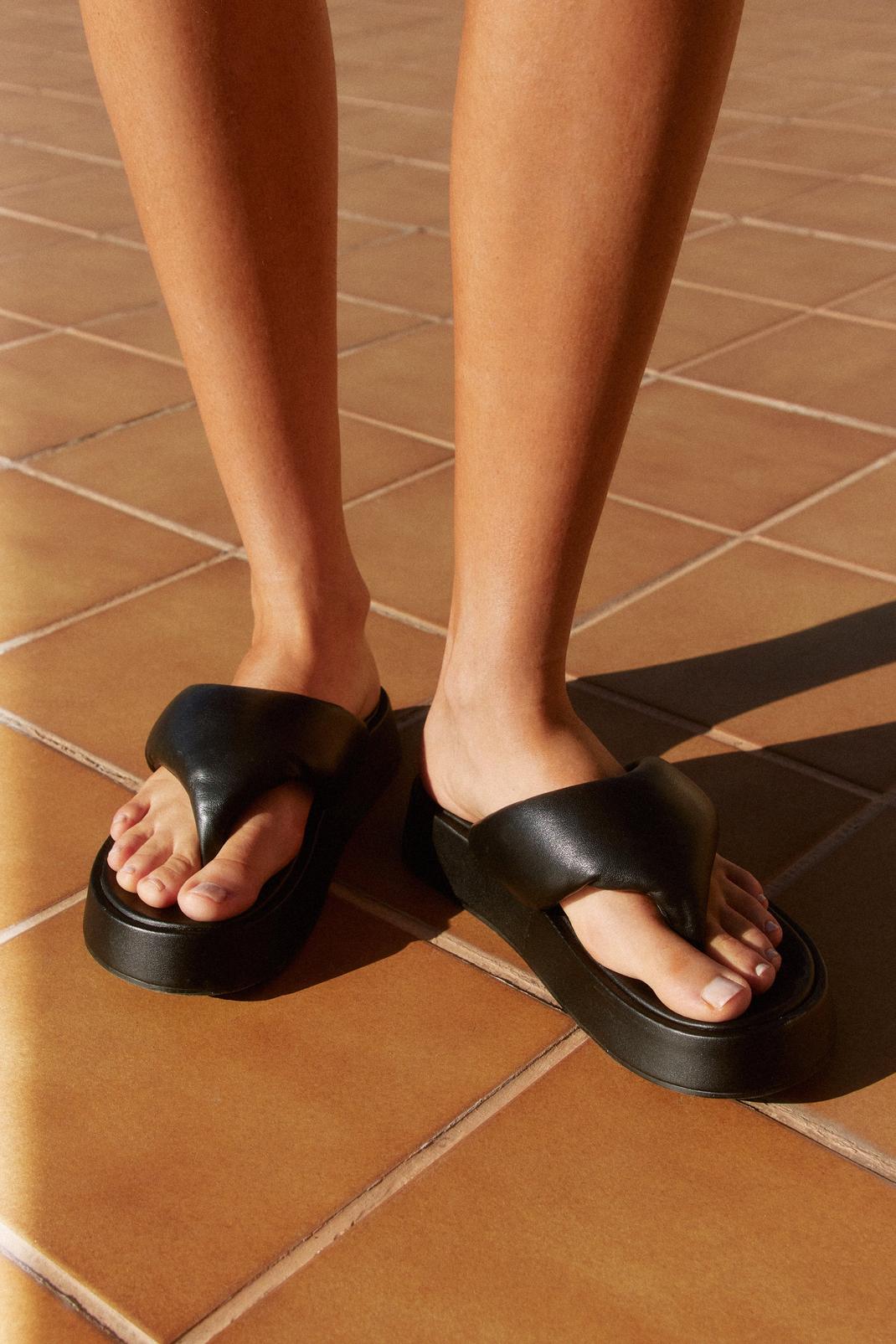 Black Real Leather Platform Padded Flip Flop Sandals image number 1