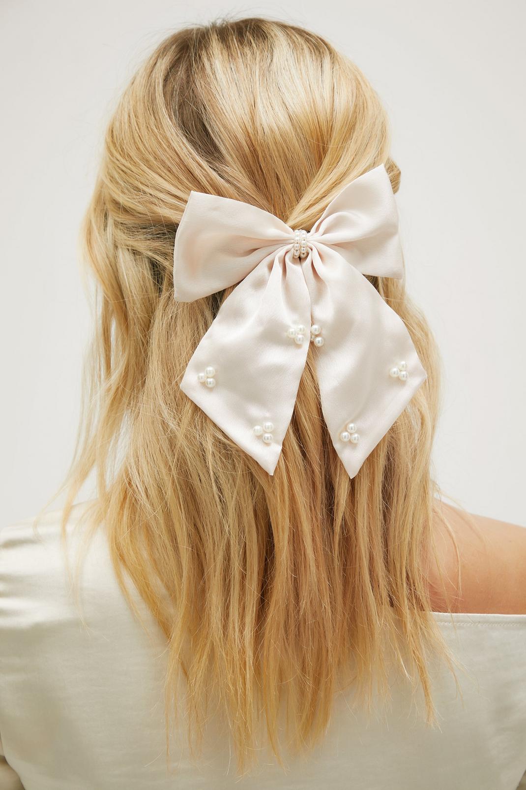 White Embellished Pearl Oversized Hair Bow Hair Clip image number 1