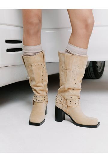 Faux Suede Slouchy Studded Harness Boot stone