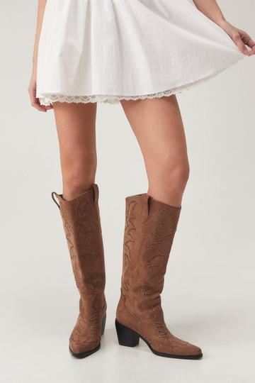 Brown Faux Suede Studded Western Knee High Boot