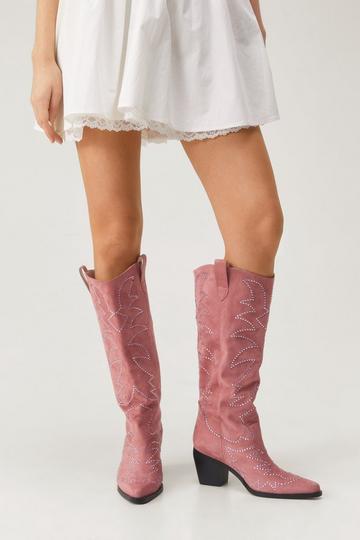 Pink Faux Suede Studded Western Knee High Boot