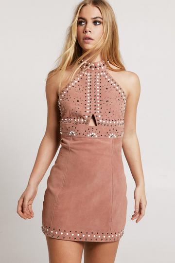 Pink Real Suede Halterneck Studded Mini Dress