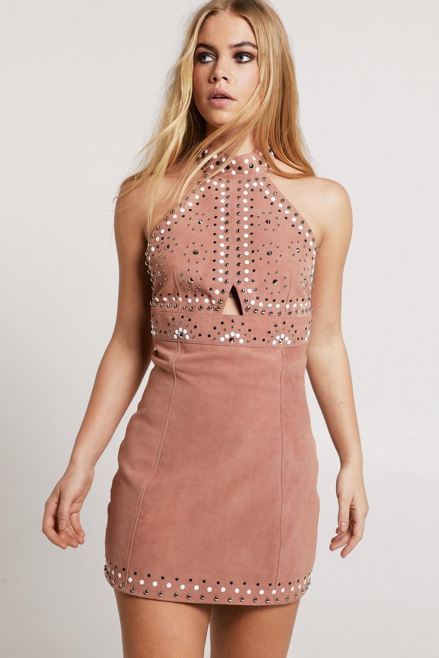 Real Suede Studded Halter Mini Dress