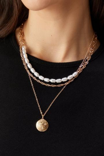 Gold Metallic Pearl Chain Layered Necklace