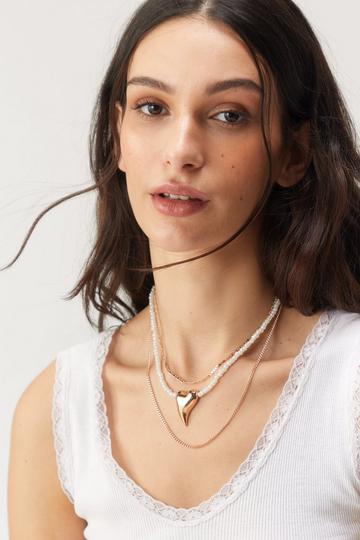 Gold Metallic Pearl Heart Layered Necklace