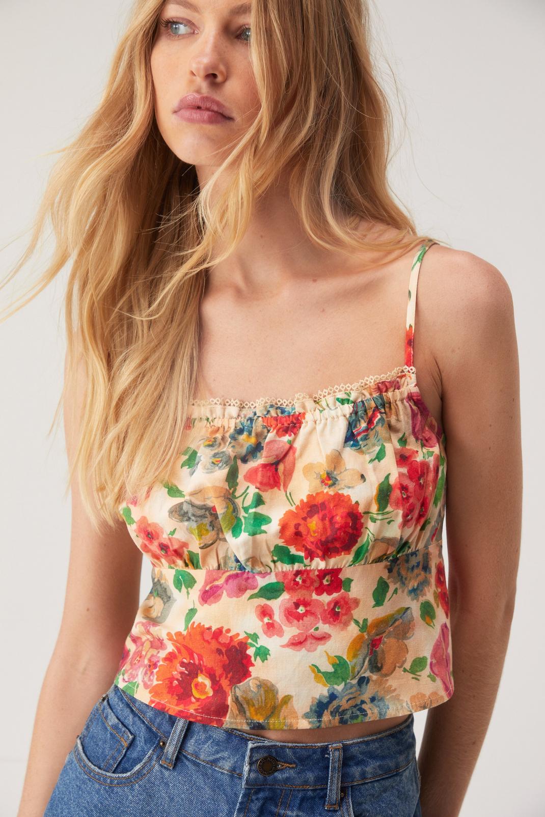Linen Mix Floral Print Lace Trim Strappy Cami Top image number 1