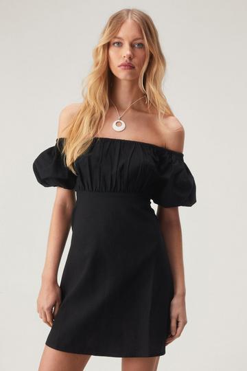 Linen Mix Bardot Puff Sleeve Mini Dress black