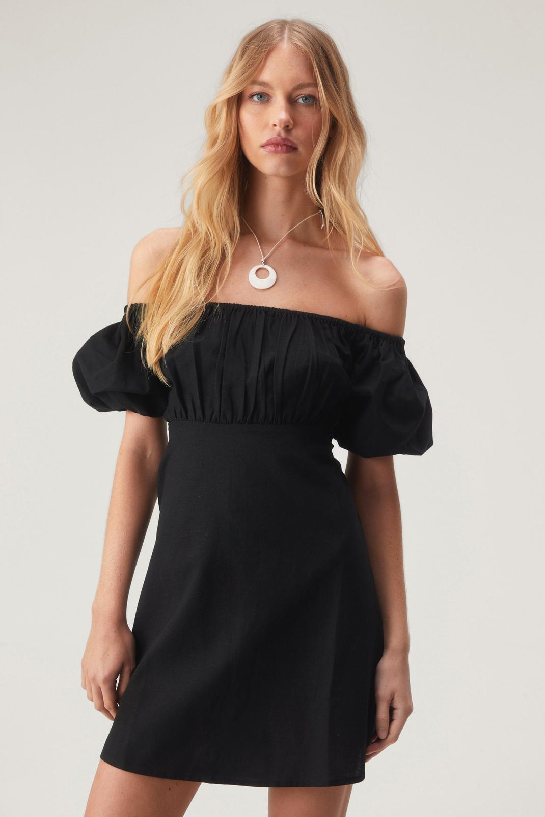 Linen Mix Bardot Puff Sleeve Mini Dress, Black image number 1