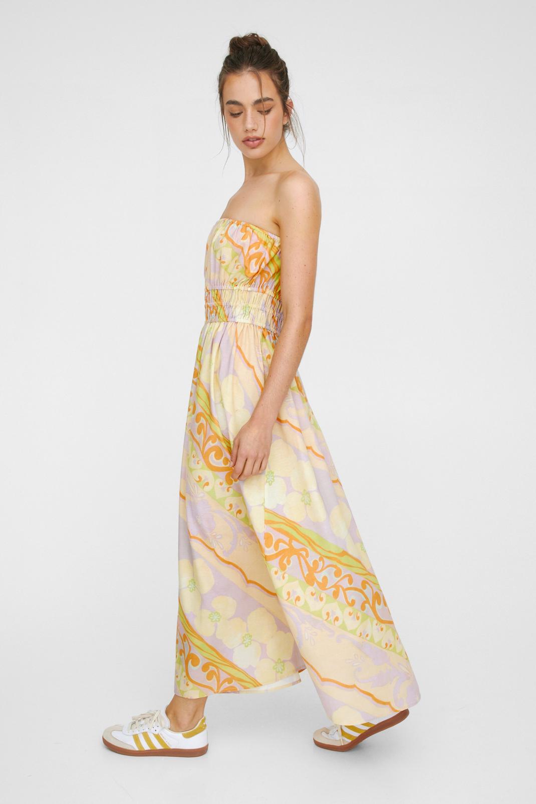 Muted Floral Stripe Linen Mix Bandeau Midi Dress, Multi image number 1
