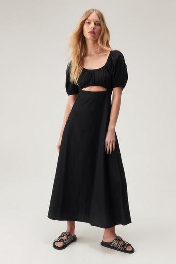 Black Puff Sleeve A Line Linen Mix Midi Dress