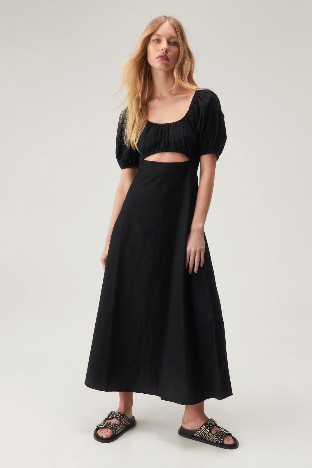 Linen Mix Puff Sleeve A Line Maxi Dress, Black image number 1