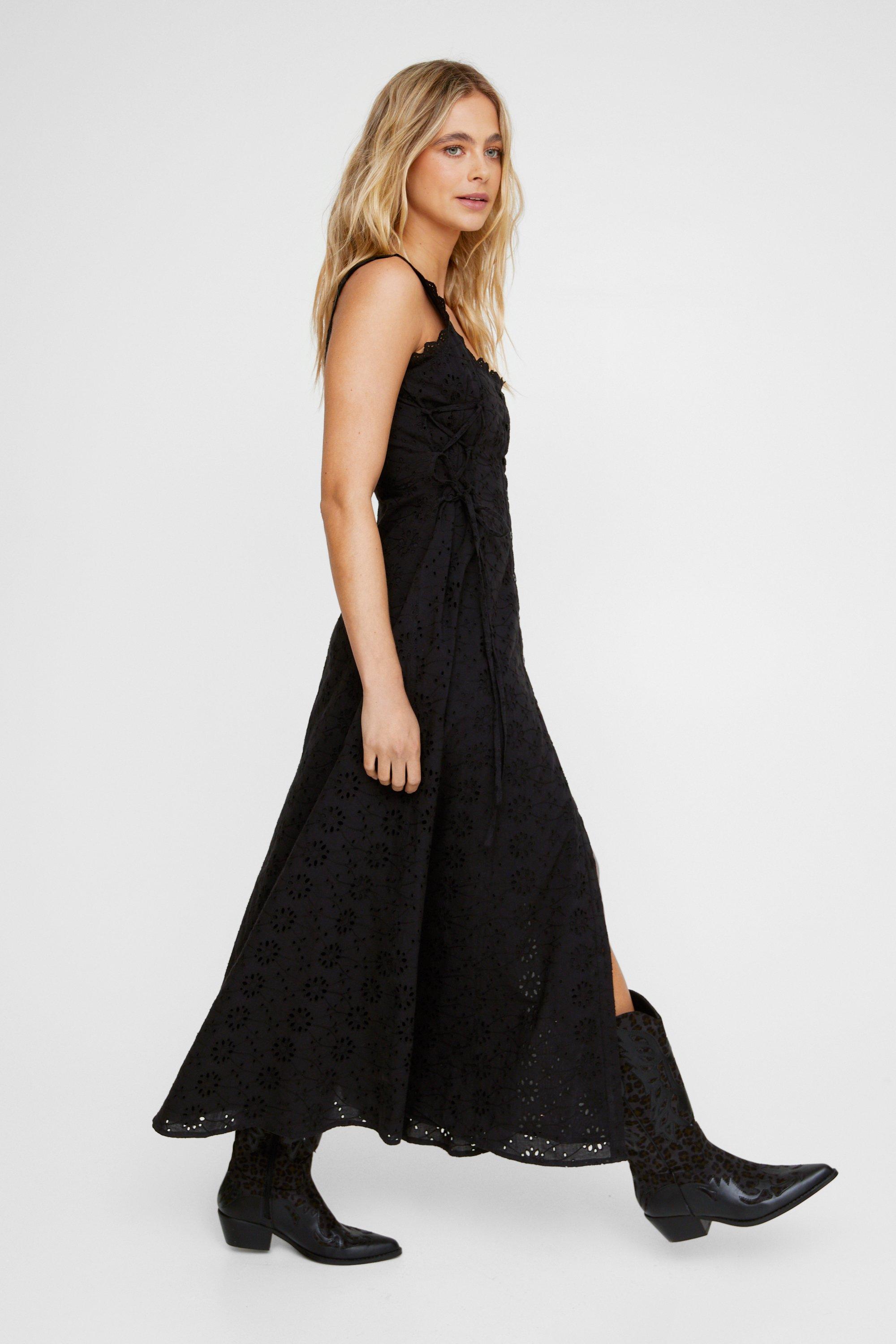 Soft Corset Broderie Lace Up Side Midi Dress