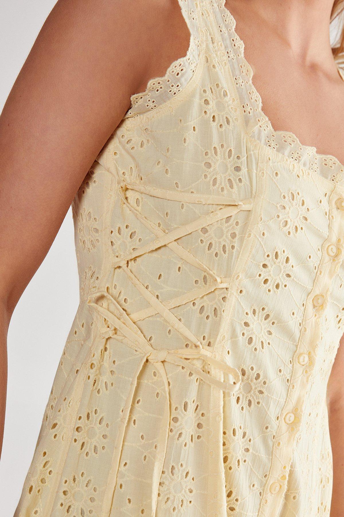 Soft Corset Broderie Lace Up Side Midi Dress