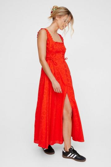 Broderie Lace Up Side Button Down Midi Dress red