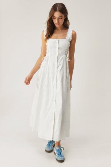 Broderie Lace Up Side Button Down Midi Dress white