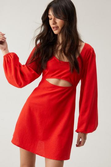 Red Cut Out Linen Mix Mini Dress