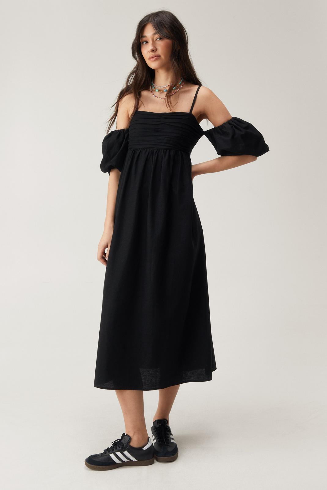 Black Linen Mix Strappy Puff Sleeve Midi Dress image number 1