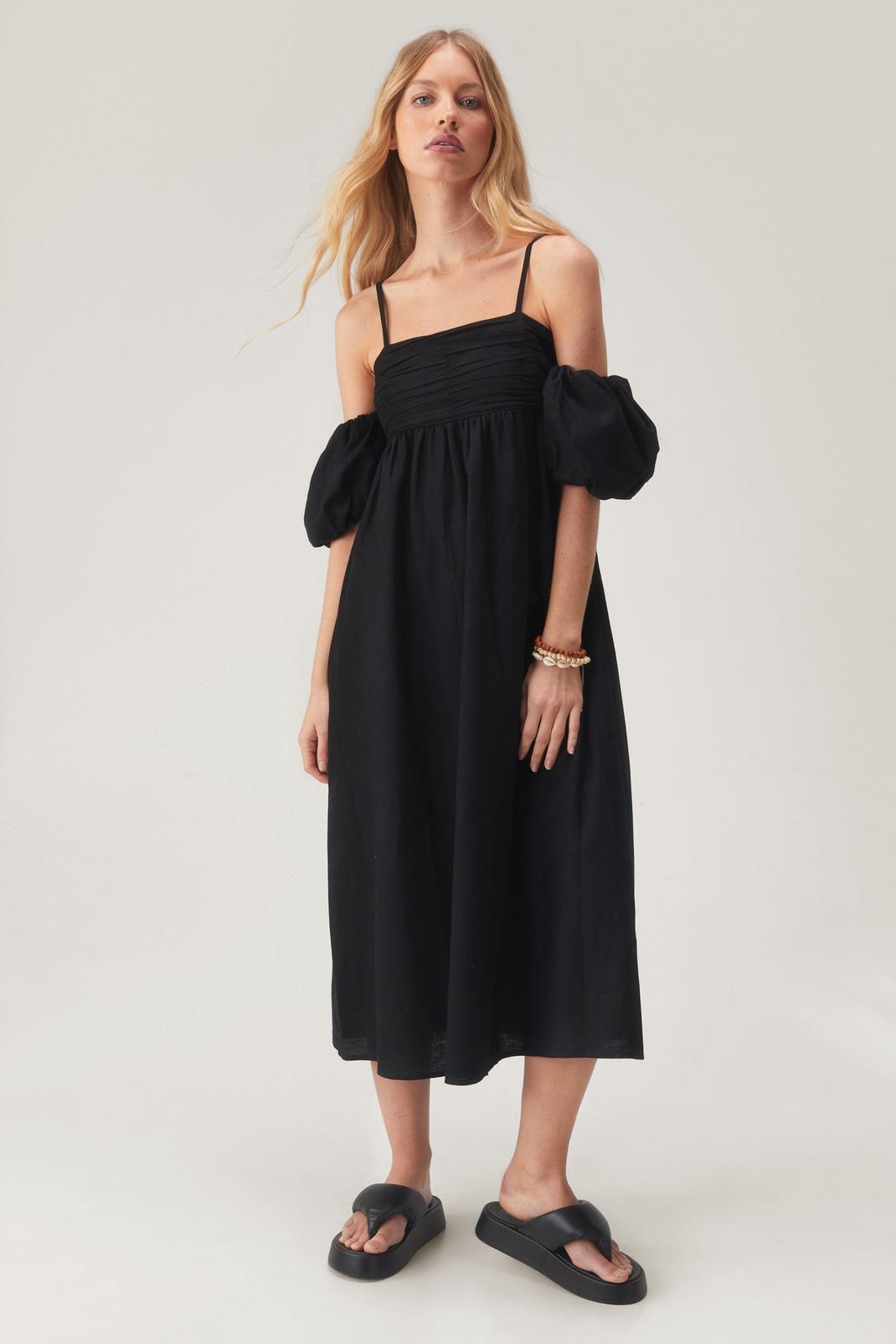 Strappy Puff Sleeve Linen Mix Midi Dress, Black image number 1
