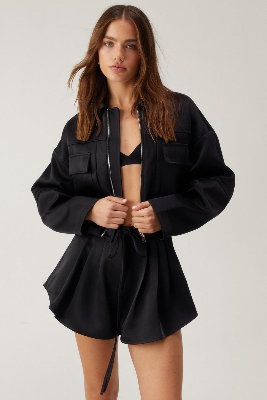 Premium Satin Tailored Structured Sleeve Cropped Bomber Jacket