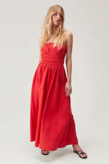 Red Linen Mix Bandeau Midi Dress