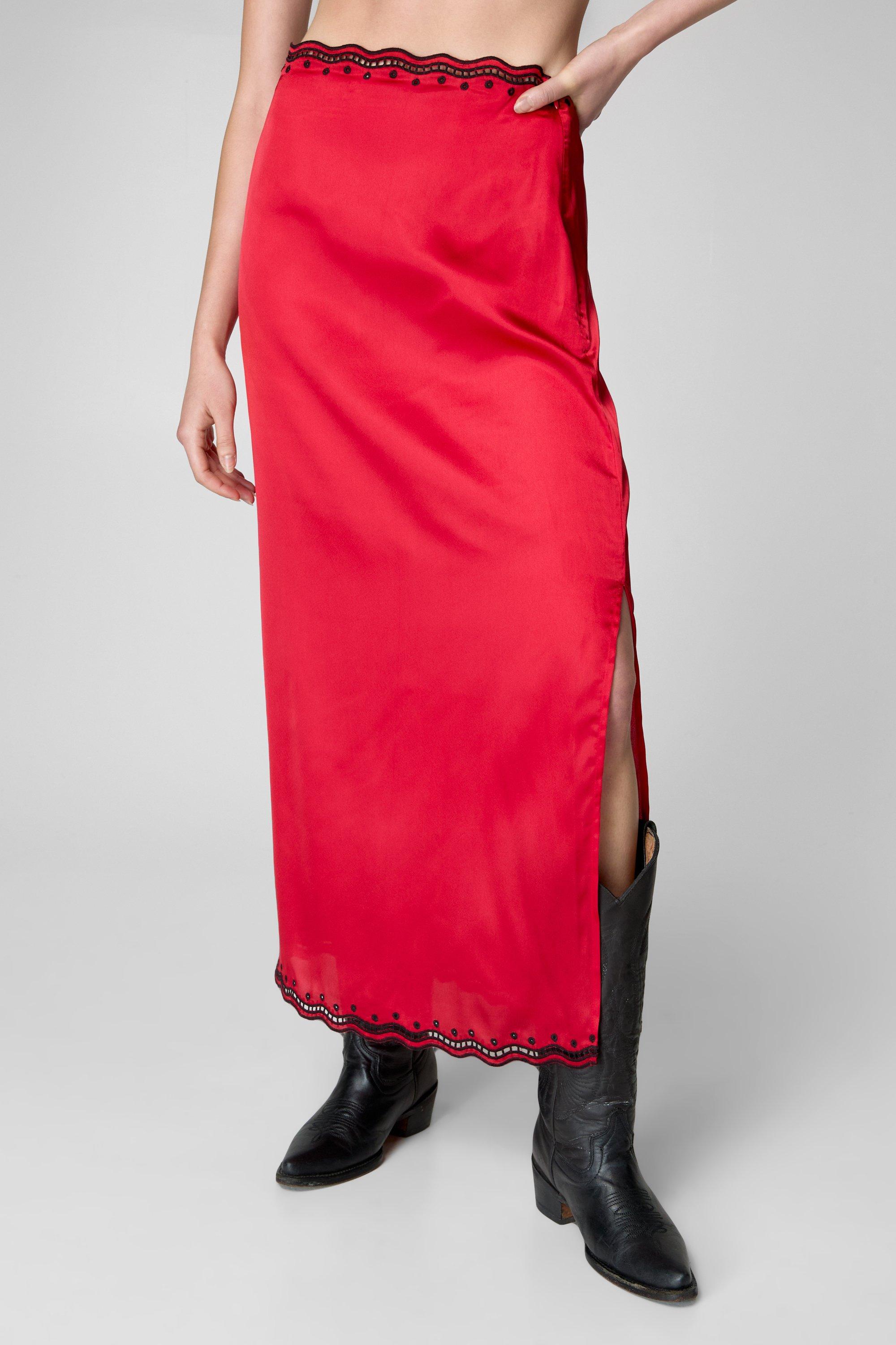 Nasty Gal Womens Scallop Cut Work Lace Trim Midi Skirt Red