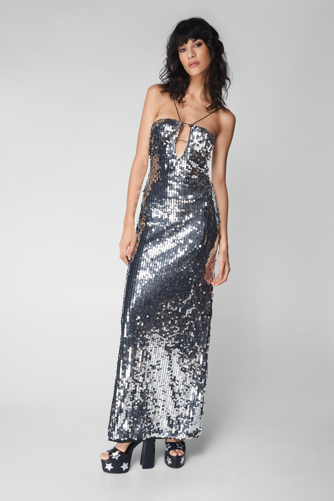 Silver Cut Out Detail Sequin Maxi Dress image number 1