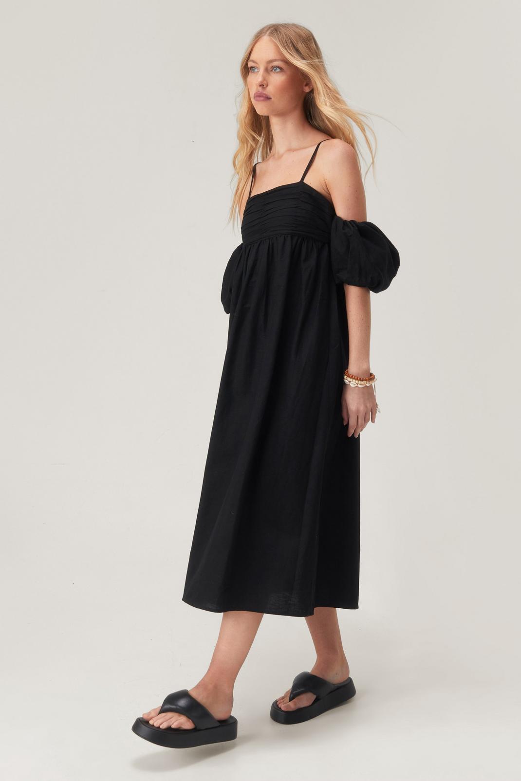 Black Petite Linen Mix Strappy Puff Sleeve Midi Dress image number 1