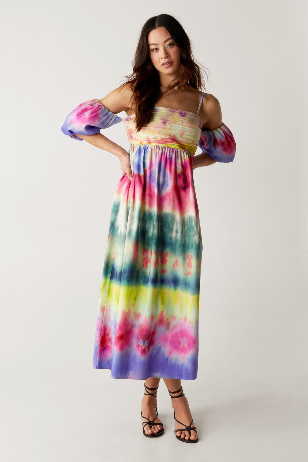 Petite Linen Mix Strappy Puff Sleeve Midi Dress, Multi image number 1