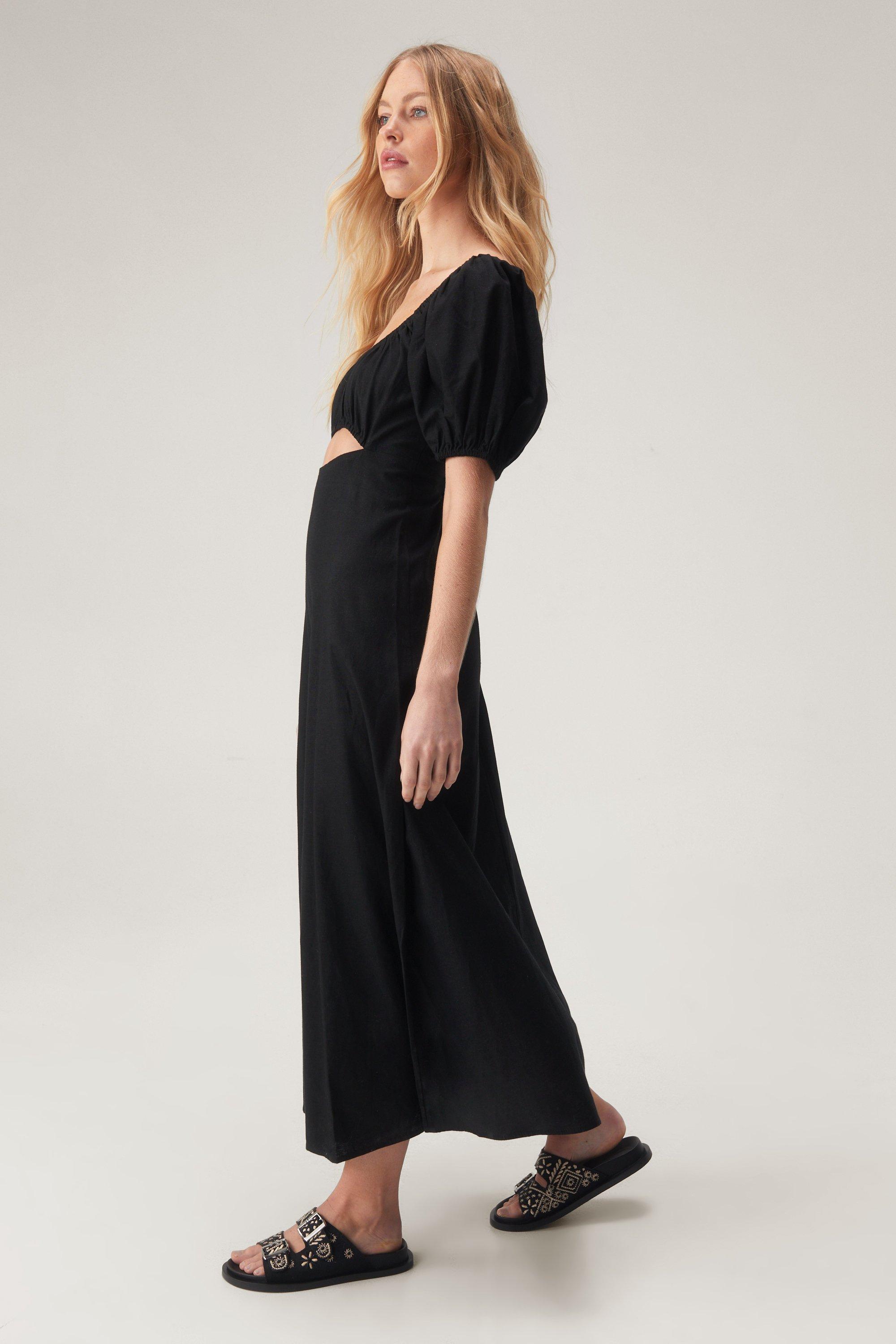 Petite Linen Mix Puff Sleeve A Line Maxi Dress Nasty Gal