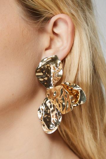 Gold Metallic Hammered Flower Statement Earrings