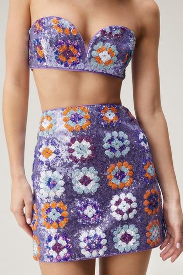 Premium 70s Floral Sequin Mini Skirt purple