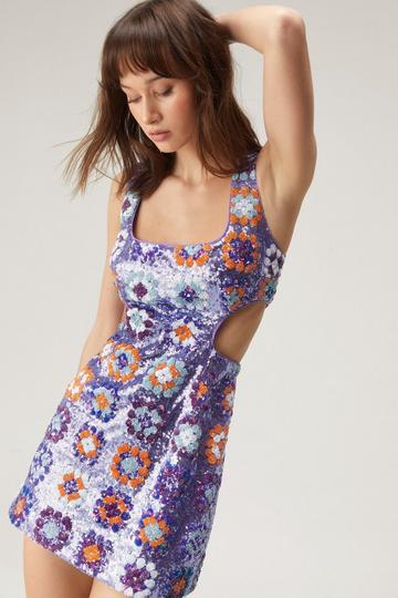 Purple Premium 70s Floral Sequin Strappy Mini Dress