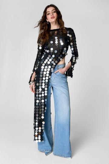 Disc Sequin Split Sheer Knit Maxi Top black