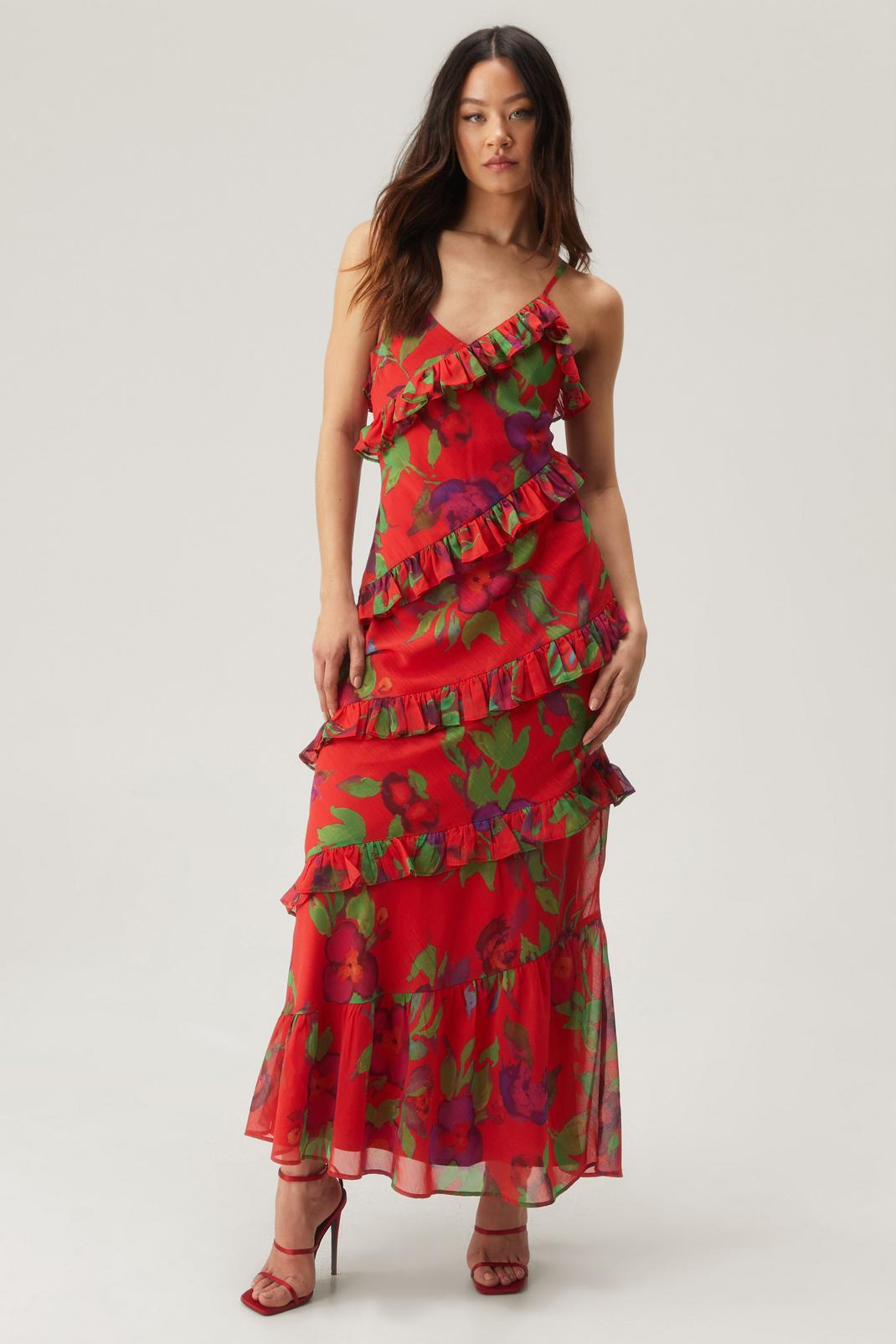 Red Floral Ruffle Tiered Chiffon Maxi Dress image number 1