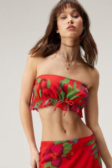 Floral Frill Tie Front Bandeau Top red