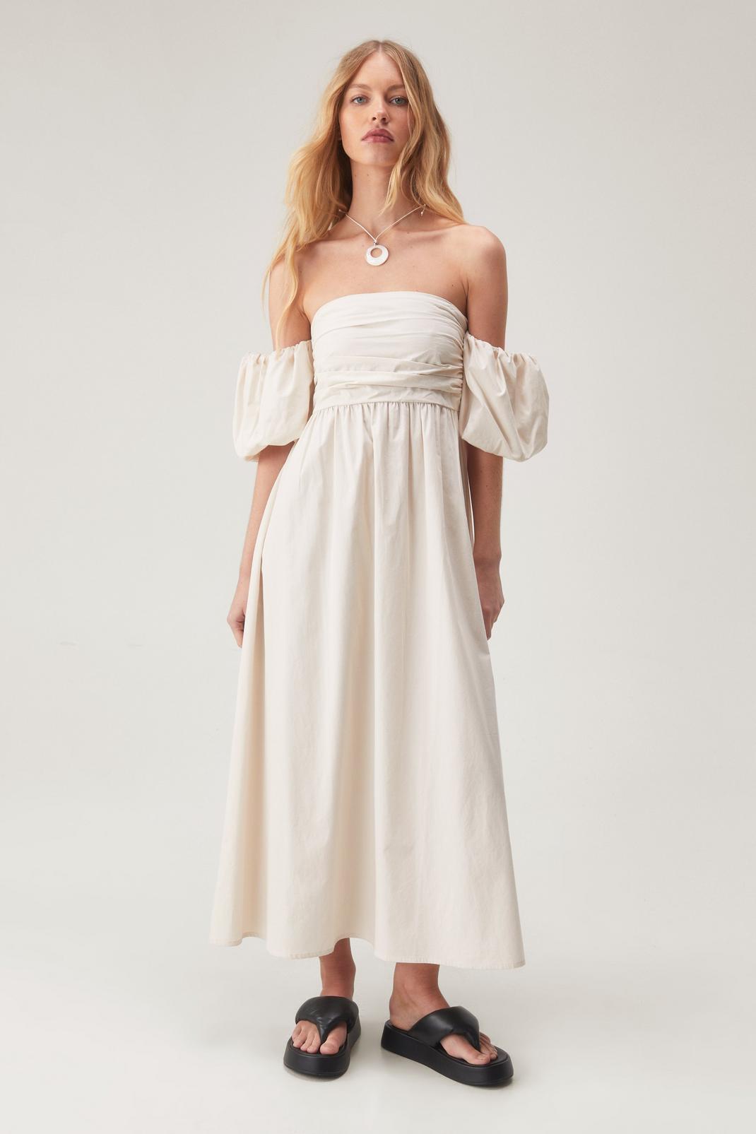 Cotton Ruched Bust Puff Sleeve Midi Dress, Ecru image number 1