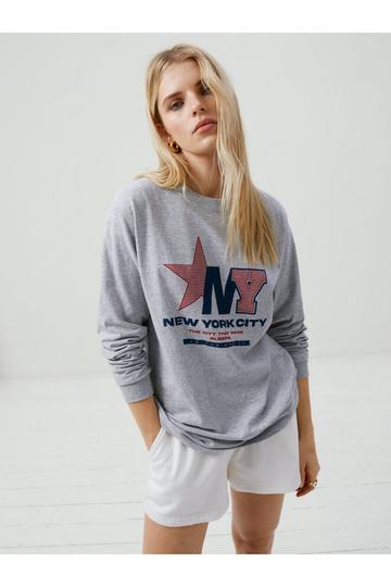 Grey Washed New York City Front Graphic Long Sleeve T-shirt
