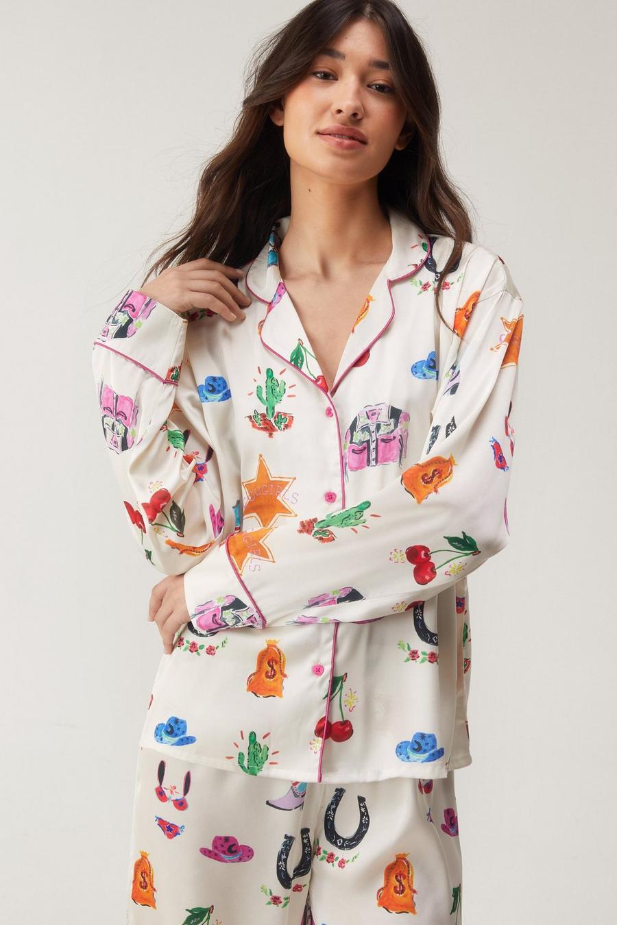 Women' Silk Satin Pajamas Set Floral Embroidered Deep V Teddy