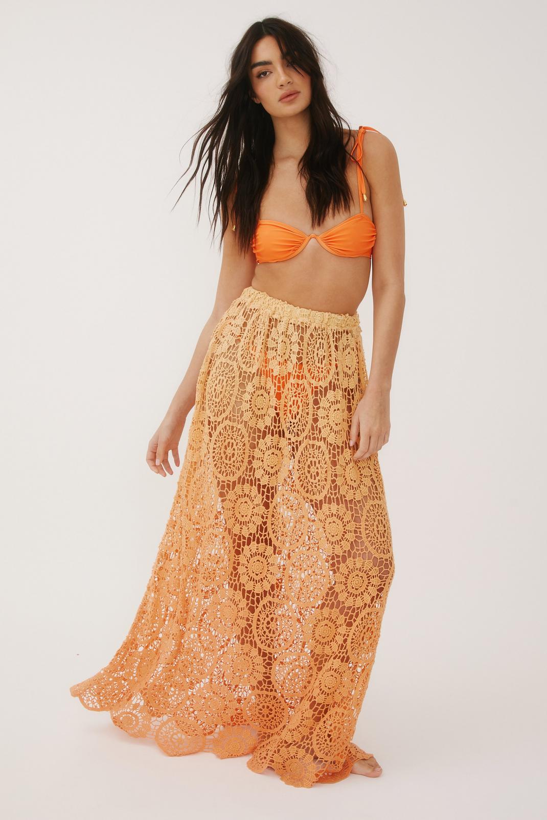Premium Crochet Ombre Boho Maxi Skirt, Orange image number 1