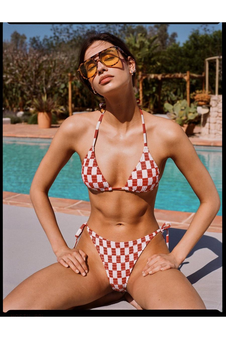 Shirred Checkerboard Triangle Bikini Set