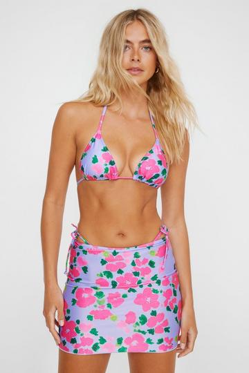 Purple Floral Foil Print Triangle Bikini And Skirt 3pc Set