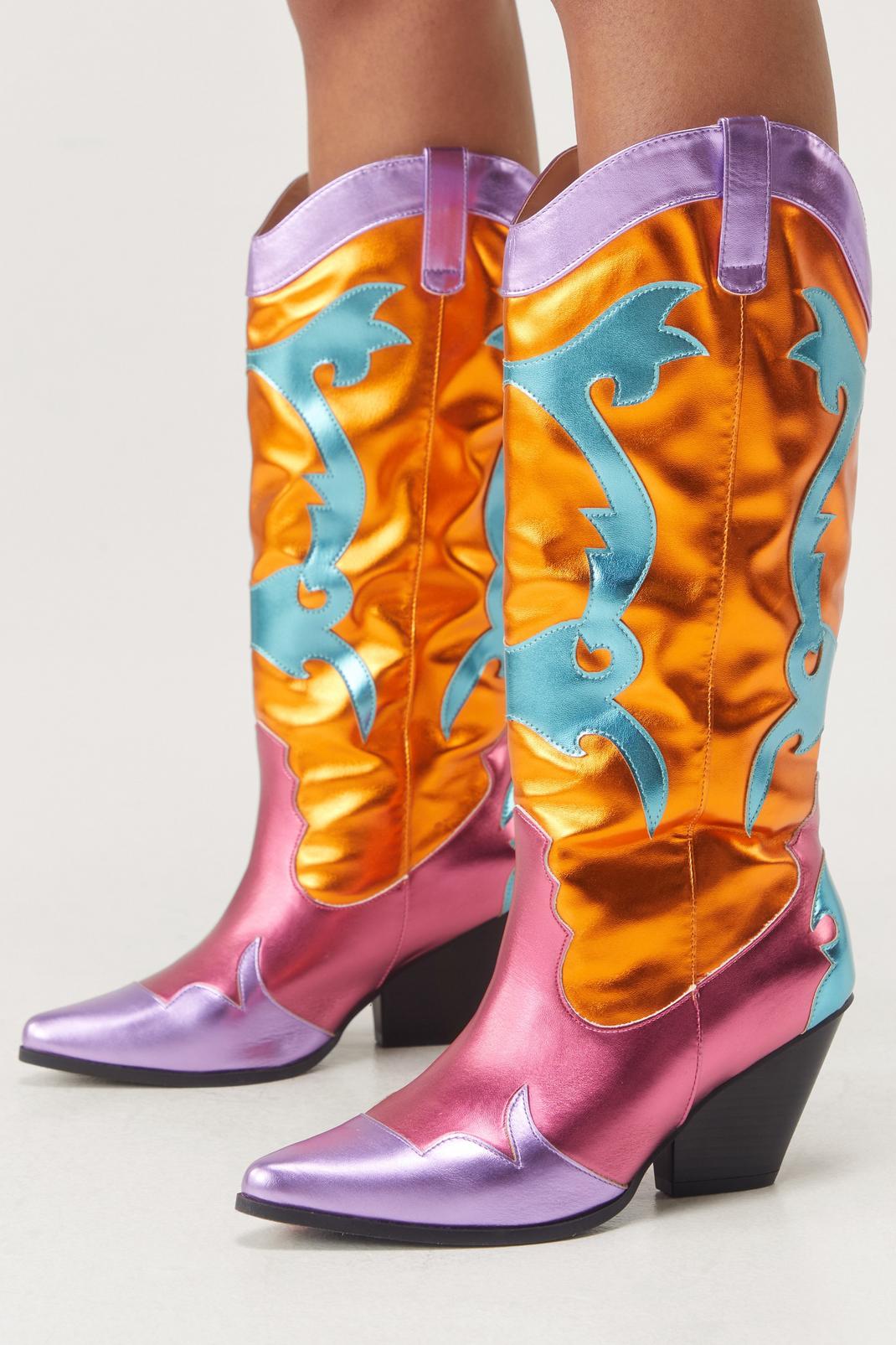 Multi Muticolor Metallic Cowboy Boots image number 1