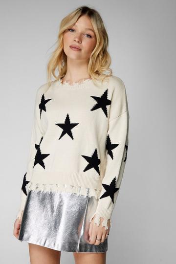 Cream White Star Printed Frayed Sweater