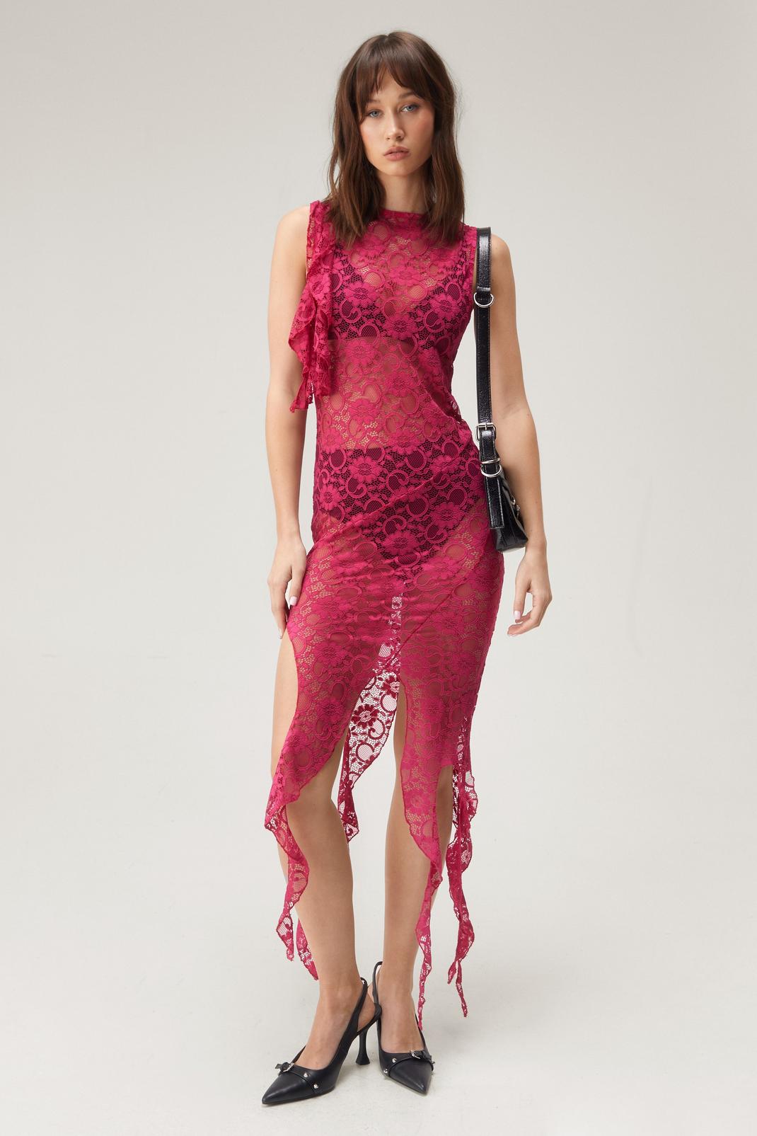 Pink Lace Asymmetric Ruffle Midi Dress image number 1